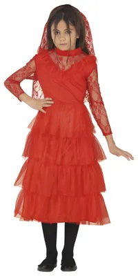 Immagine prodotto di Costume da sposa rossa per bambine, con velo, abito in pizzo, stile gotico, ideale per Halloween, carnevale o feste a tema. Taglia: 128/134. Colore: Rosso