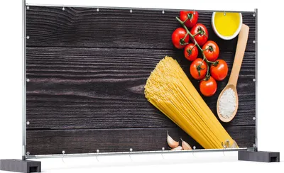 Produktbild von Wallario XXL Outdoor-Poster für Garten oder Balkon, Motiv Italienisches Menü mit Spaghetti, Tomaten, Salz und Chilischoten, in ca. 340 x 173 cm