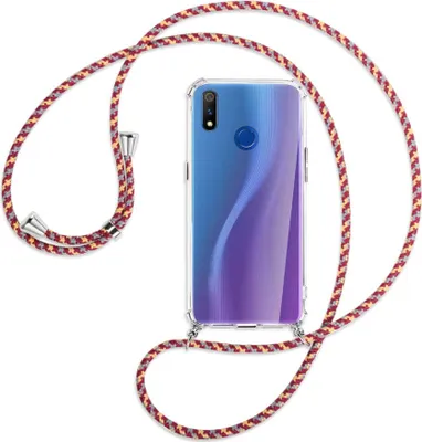 Produktbild von Handykette Backcover-Schutzhülle mit Band (Metall silberfarben) für Realme 3 Pro (X Lite) - weinrot/gelb/grau