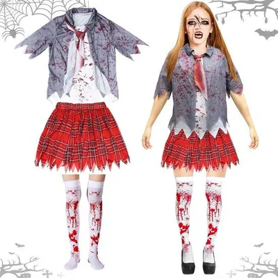Productafbeelding van Halloween kostuum dames zombie schoolmeisje met grijze jas en ruitrok