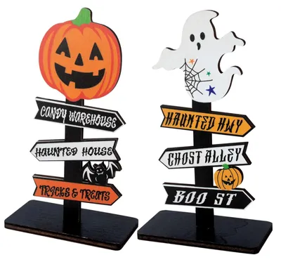 Halloween Holzdekorationen 2er-Set, Geister & Kürbisse, 14,5x8x4 cm