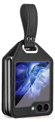Obrázok produktu pre Puzdro na mobilný telefón Samsung Galaxy Z Flip7 FE / Flip6 5G z hybridnejPolyuretánkože s galvanickým povrchom a remienkom na zápästie, čierne
