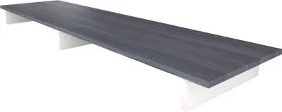 A long, dark gray shelf with white supports underneath, shown from a diagonal angle against a white background.