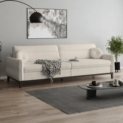 Produktbild von BEAUTYSOFA | Sofa BELLANO - Gepolsterter 3-Sitzer Sofas Loungesofa mit Armlehnen - Bouclé-Stoff in Beige mit schwarzen Holzbeinen
