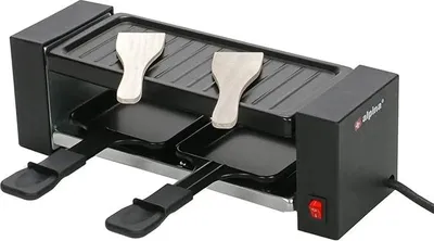 Produktbild von JUNG Alpina Raclette-Grill für 2 Personen, Partygrill, zum Grillen und Überbacken (Fleisch, Fisch, Gemüse), Grill Antihaftbeschichtet, 2 Pfännchen