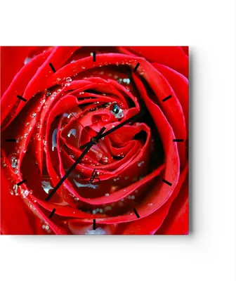 Produktbild von Wanduhr - Quadrat - Glasuhr - Rose Blume Blütenblätter Tau - 40x40cm - Schleichendes Uhrwerk - Lautlos - zum Aufhängen bereit - Dekoration Modern - Wanddekoration aus Glas - C3AC40x40-1518