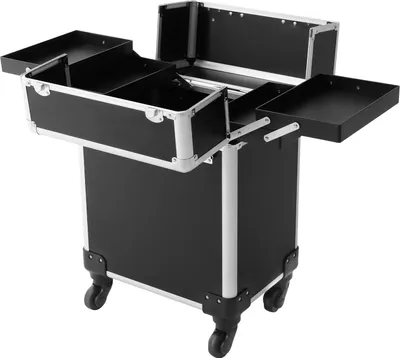 Immagine prodotto di Valigia con rotelle per trucco - Valigetta cosmetica con rotelle - Chiudibile a chiave - Ampia capienza - Alluminio - Per parrucchieri e viaggi - Nero