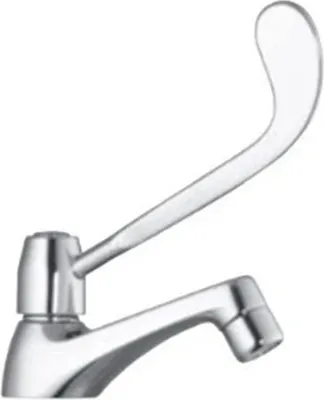 A close-up studio shot of a chrome faucet with a long lever handle.