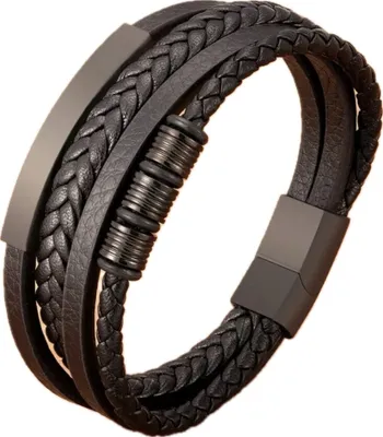 Produktbild von Armband Herren Elegant Leder Edelstahl Magnetverschluss Schwarz