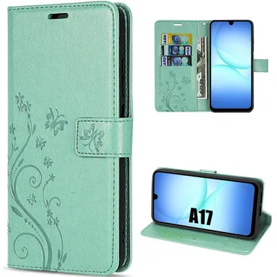 Image de Coque pour Samsung Galaxy A17 5G/4G, Protection Rabat Cuir Synthétique Antichoc Vert Motif Papillon Fleurs