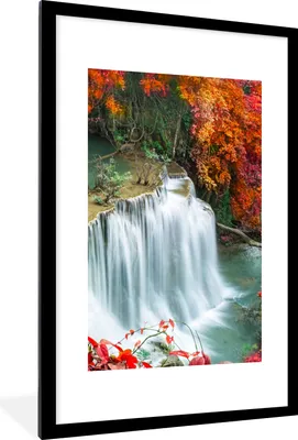 Produktbild von MuchoWow® Gerahmtes Poster Bäume - Wasserfall - Herbst - Natur 60x90 cm - Poster mit Schwarzem Bilderrahmen Wandposter Rahmen Foto Bilder - Dekoration - Wandposter Wohnzimmer - Hochwertig