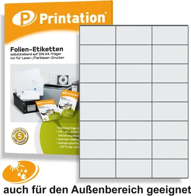 Produktbild von Universal Etiketten 70 x 37 mm WETTERFEST - Folienetiketten transparent auf A4 3x8