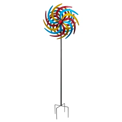 Produktbild von Metall Windrad bunt - 210 x 61 cm - Deko Windspiel Windmühle Gartenstecker groß