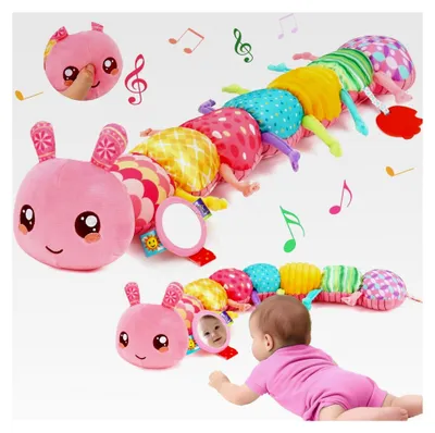 Produktbild von Babyspielzeug 0-6 Monate Raupe Musikspielzeug, Montessori Sensorikspielzeug für Mädchen mit Lineal, Greifling, Rassel und Spiegel, Geschenk für Neugeborene, Tummy Time Spielzeug