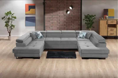 Produktbild von Ecksofa WEST U-Form HellGrau mit Schlaffunktion und Bettkasten Sofa mit Verstellbare Kopfstützen Stoff Monolith 84
