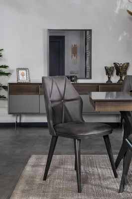 Produktbild von Grauer Stuhl Designer Esszimmer Stühle Sitzstuhl Lehnstuhl Textil Holz
