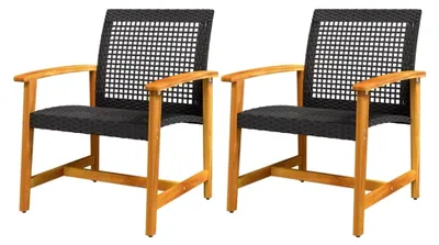 Produktbild von Gartenstuhl 2 Stück, Stuhl für den Außenbereich, Gartensessel mit Rückenlehne und Armlehnen, Terrassenstuhl aus Poly Rattan und Akazienholz