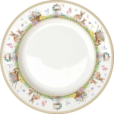 A round plate with an Easter-themed design featuring bunnies, chicks, flowers, and baskets.