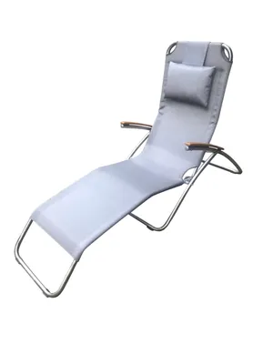 A gray chaise lounge chair with a metal frame and wooden armrests is shown against a white background.