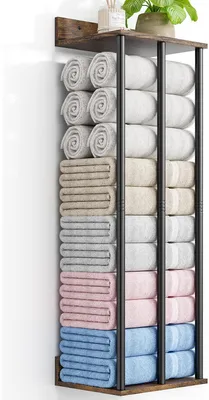 Image de Porte-serviettes mural pour salle de bain avec étagère de rangement en bois