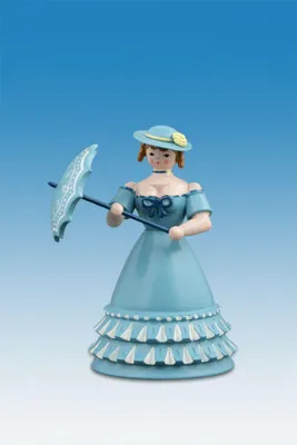 Produktbild von Holzfiguren Biedermeierfrau grün mit Blume und Tasche Höhe 12cm NEU