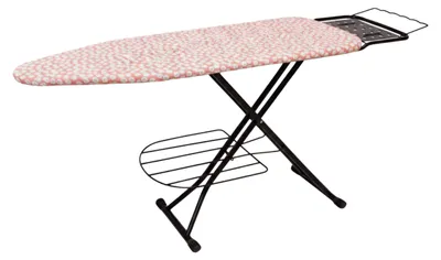 Obrázok produktu pre Žehliaca doska Relaxdays pre parné žehličky, 110 x 33 cm, s nastaviteľnou výškou, skladateľná, s odkladacou plochou, vzor kvetín, bielo-ružová