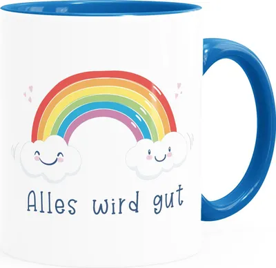 Produktbild von Kaffee-Tasse Regenbogen Alles wird gut Geschenk-Tasse Trost Mustmacher positiv denken durchhalten Moonworks® inner-blau Keramik-Tasse