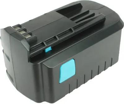 A black power tool battery with blue accents on a white background.