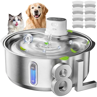 Produktbild von Zimilo Katzenbrunnen Kabellos Edelstahl 8L mit Akku, Sensor Trinkbrunnen für Katzen & Hunde, mit 16 Filtern, LED Anzeige & Automatische Pumpe