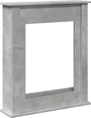 A standalone fireplace surround with a concrete-like finish.