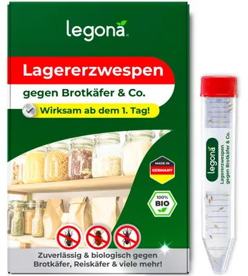 Legona Lagererzwespen gegen Brotkäfer, Reiskäfer und weitere Vorratskäfer – Produktabbildung, KI-generiertes Bild
