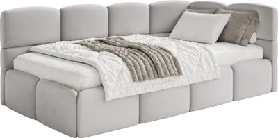 Produktbild von Selsey Cloudy – Jugendbett 120x200, Kopfteil rechts, Matratze & Bettkasten, Samt Hellgrau
