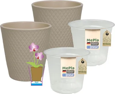 Produktbild von MePla - 2 Stück - Orchideenübertopf Harlekin ø 14 Grau + Pflanztopf Orchidee ø 12