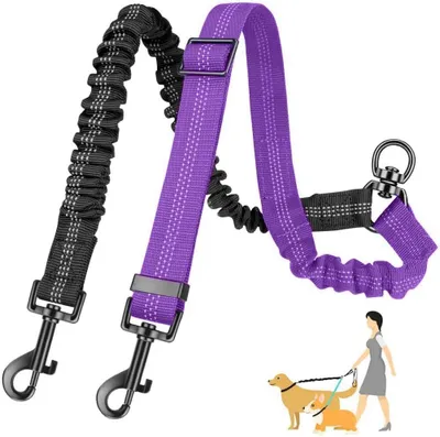 Produktbild von Doppelleine für Hunde 45-65 cm, schwarz und lila, reflektierend, für Spaziergang