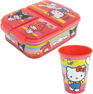 Produktbild von Hello Kitty Kuromi Melody 2 tlg. Lunch Set Brotdose mit 3 Kammern Trinkbecher