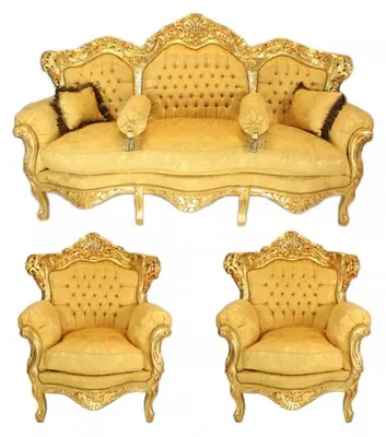 Produktbild von Casa Padrino Barock Wohnzimmer Set Bouquet Muster in Gold - 3er Sofa und 2 Sessel - 200/90 cm