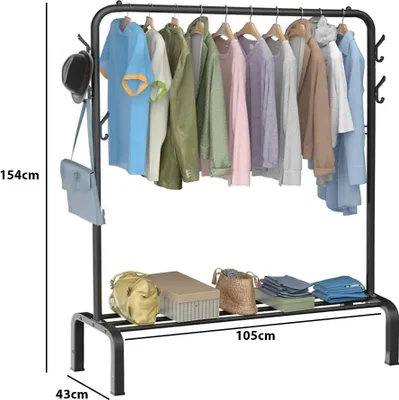 Immagine prodotto di Appendiabiti con barra - Appendiabiti indipendente - 105×43×154 cm - Metallo/ferro - 6 ganci - Facile da montare - Stile moderno - Nero