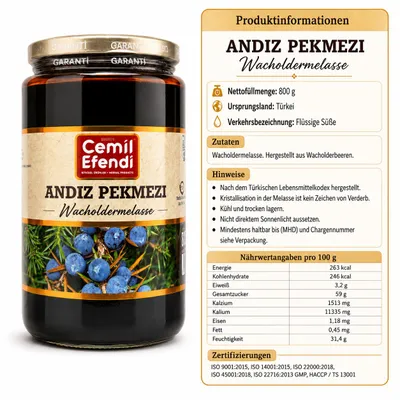 Produktbild von 800g, Wacholdermelasse aus Wacholderbeeren, Andız Pekmezi im Glas, KI-generiertes Bild