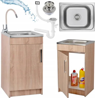 A collage of images showing a kitchen sink unit with a faucet, plumbing parts, and cleaning supplies, presented from different angles.