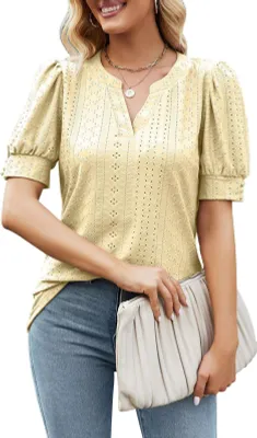 Produktbild von ASKSA Damen T-Shirt Puffärmel Aushöhlen Bluse V-Ausschnitt Sommer Kurzarm Shirts Einfarbig Lose Tops, Gelb, S