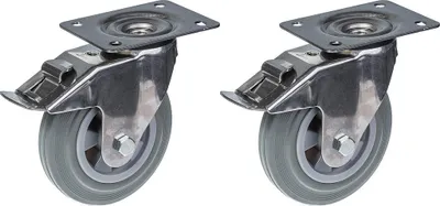 Immagine prodotto di 160 mm 6" in acciaio inox con ruote in gomma grigia, girevoli con freno, 270 kg, set di 2