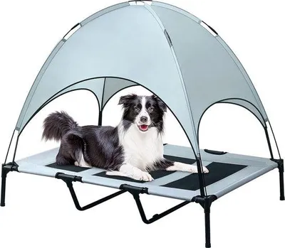 Produktbild von XL-Hundebett, erhöht und mit Überdach, langlebiges 1680D Oxford-Tuch, Hundebett für Camping oder Strand, mit separatem Tragebeutel, Silber
