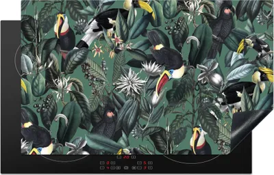 Produktbild von KitchenYeah© Herdabdeckplatte Blumen - Vogel - Collage , 85x52cm, Küche Deko, Glaskeramikkochfeld Herdabdeckung, Abdeckplatte fùr Kochfeld