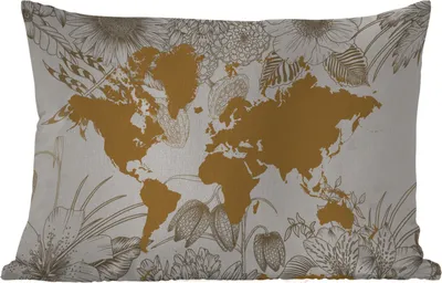 Produktbild von MuchoWow® Outdoor Kissen - Weltkarte - Gold - Blumen - 60x40 cm - Wetterfest - Lounge Kissen - Zierkissen - Kissen für Innenräume