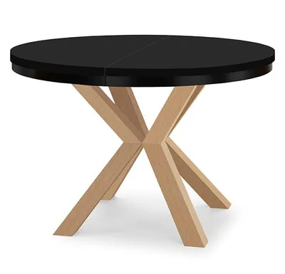Image de Table ronde à rallonges pour salle à manger RAL avec piétement en anneau, style loft, industriel, diamètre : 90 / 140 cm, couleur : noir / hêtre naturel