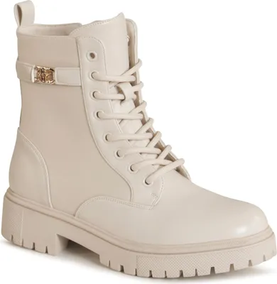 A single beige boot is shown from a three-quarter angle against a white background.