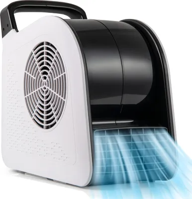A white and black floor blower with blue air effects emanating from the front.