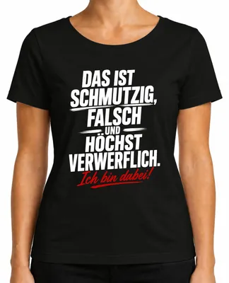 Imagen del producto de Camiseta para mujer, color , talla S. Diseño: "Schmutzig Falsch Hoechst Verwerflich" (declaración sarcástica)