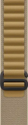 A close-up view of a tan watch band with a black buckle.