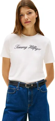 Produktbild von Tommy Hilfiger Damen T-Shirt Kurzarm Script Regular Rundhalsausschnitt, Weiß (Nos Ecru), XXL